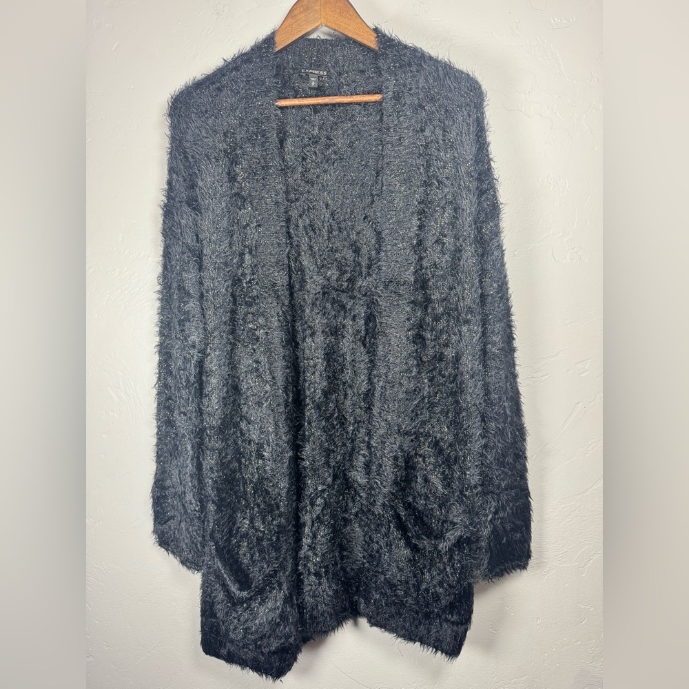 Express Black and Gold Super Soft‎ Fuzzy Nylon Pocket Cardigan Size Medium